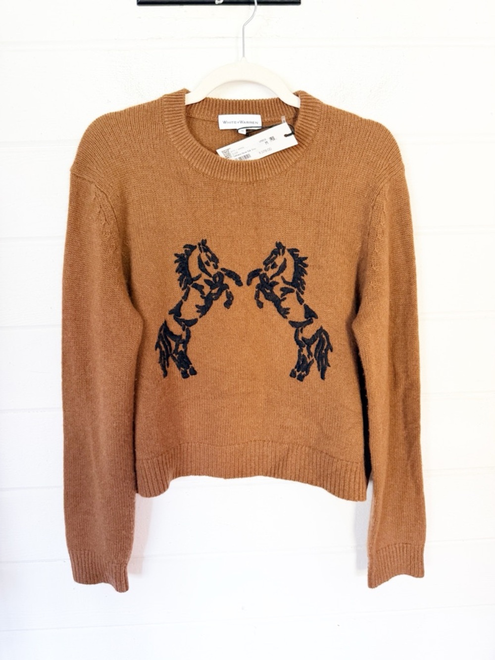 NWT White + Warren Cashmere Wool Horse Embroidered Crewneck Sweater Umber Sz M - Picture 5 of 13